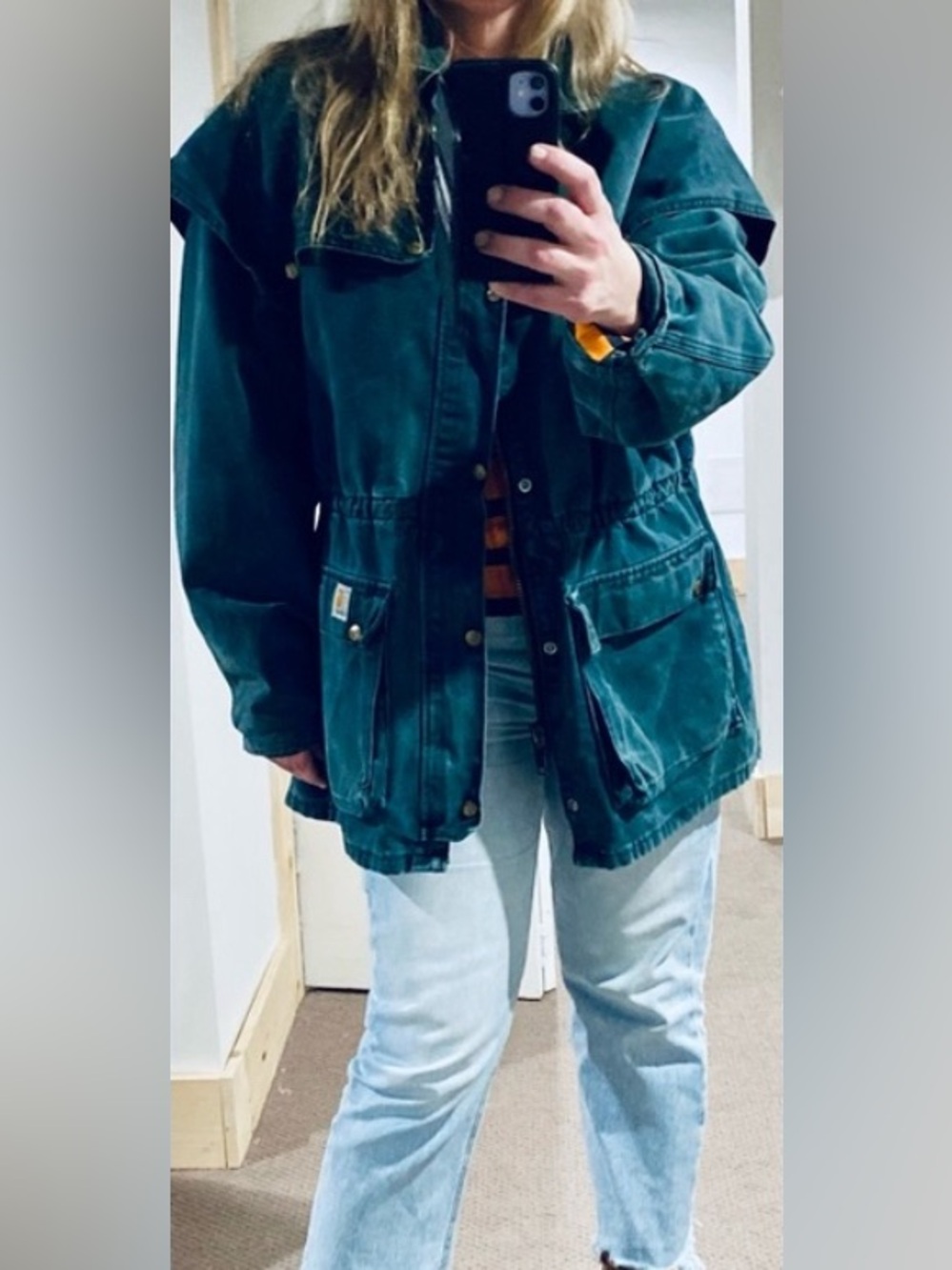 VINTAGE Carhartt Chore Jacket Distress Green CW043 Cape 90s Denim Coat UNISEX